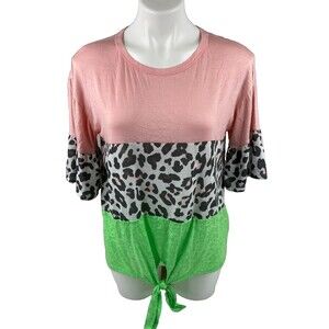 Fantastic Fawn Women Small Shirt Leopard Print Know Tie Waist Pink Green NWT